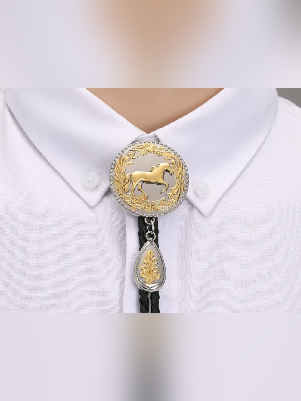 Western Horse Bolo Tie Black Braided Cord Gold Silver Tone Cowboy, TM2B5C